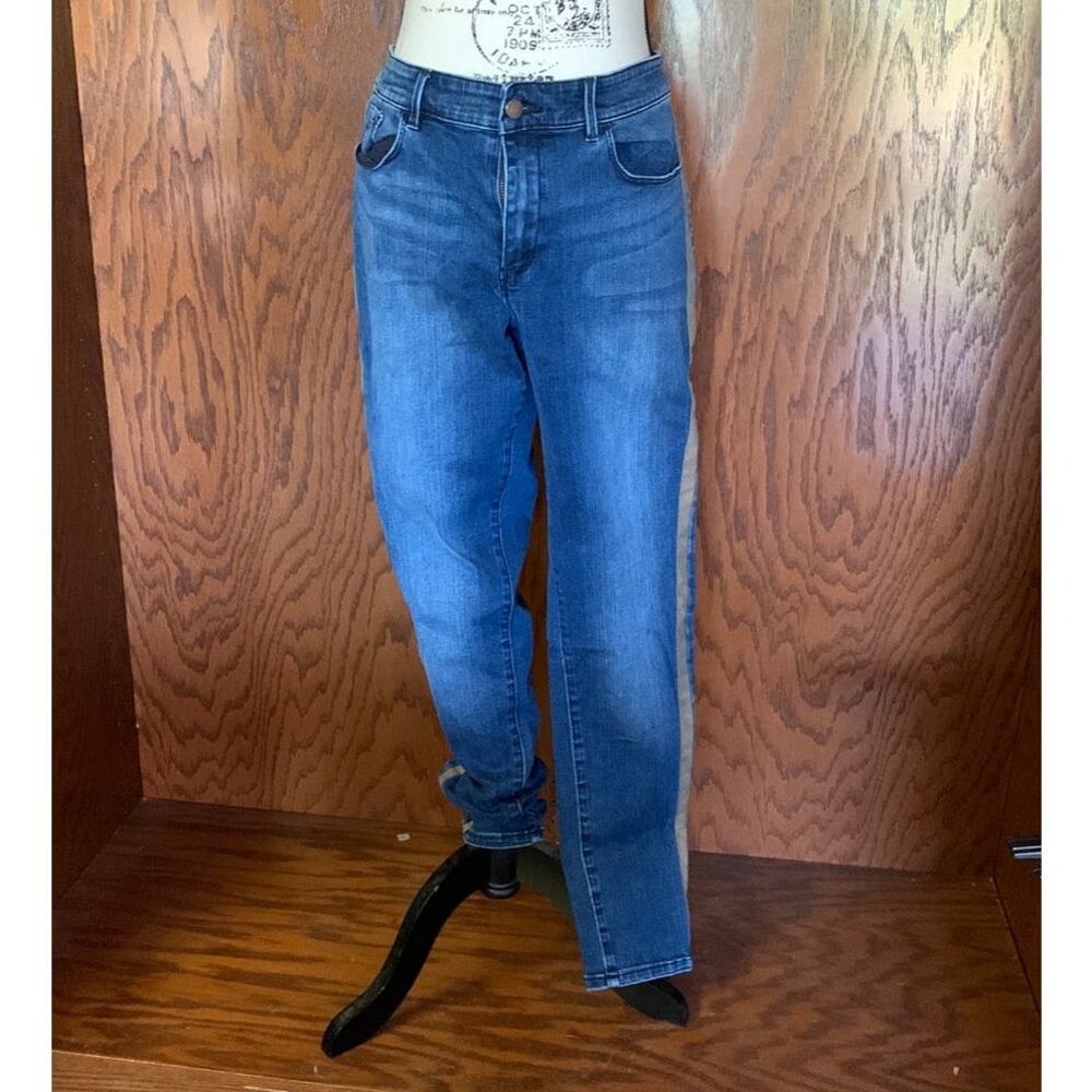 Coldwater Creek Straight Leg Jeans Size 14 Blue Denim Tan Side Stripe Detail